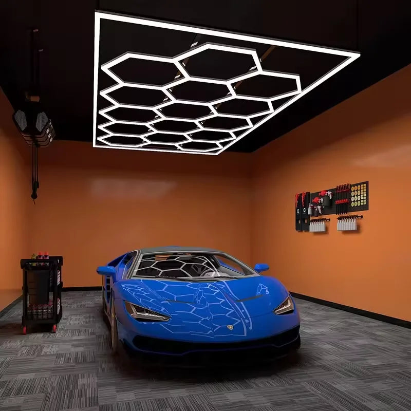 Deluxe 15-Grid Hexagon LED Garage & Auto Detailing Ceiling Light Kit (8x16 FT)