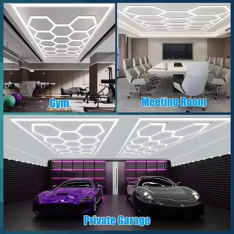 Deluxe 15-Grid Hexagon LED Garage & Auto Detailing Ceiling Light Kit (8x16 FT)