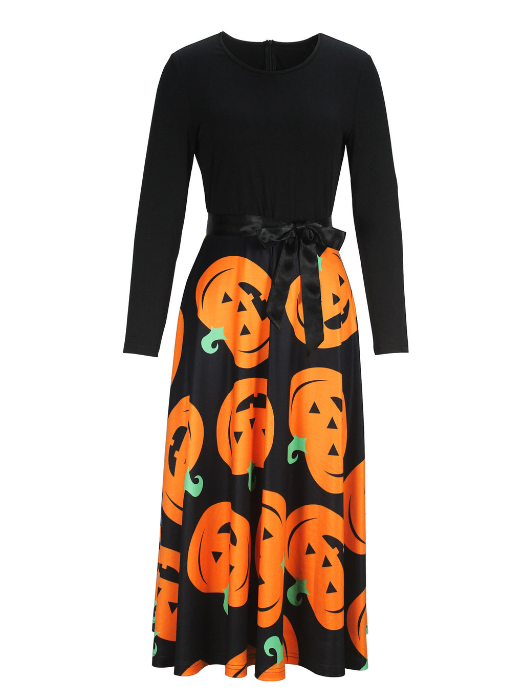 Deluxe Vintage Halloween Pumpkin A-Line Long-Sleeve Swing Dress