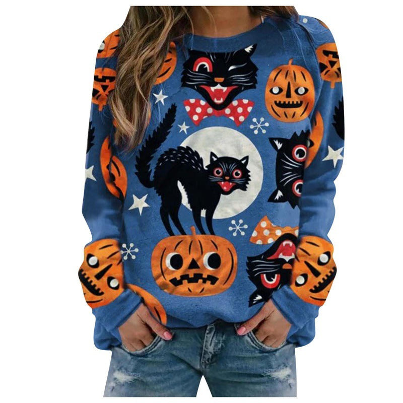 Deluxe Festive 3D Halloween Pumpkin & Cat Graphic Sweatshirt