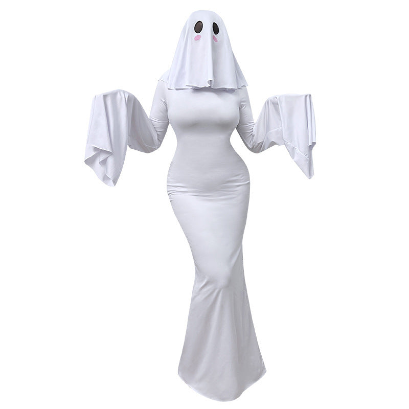 Ghost Mother Cosplay Costume – Elegant Backless Halloween Maxi Dress & Hooded Ghost Cape