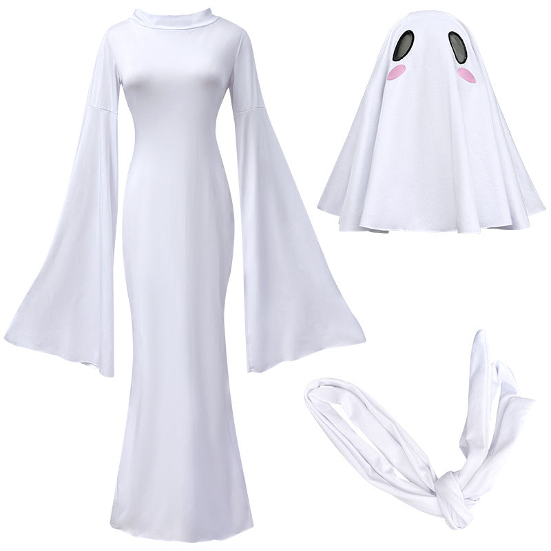 Ghost Mother Cosplay Costume – Elegant Backless Halloween Maxi Dress & Hooded Ghost Cape