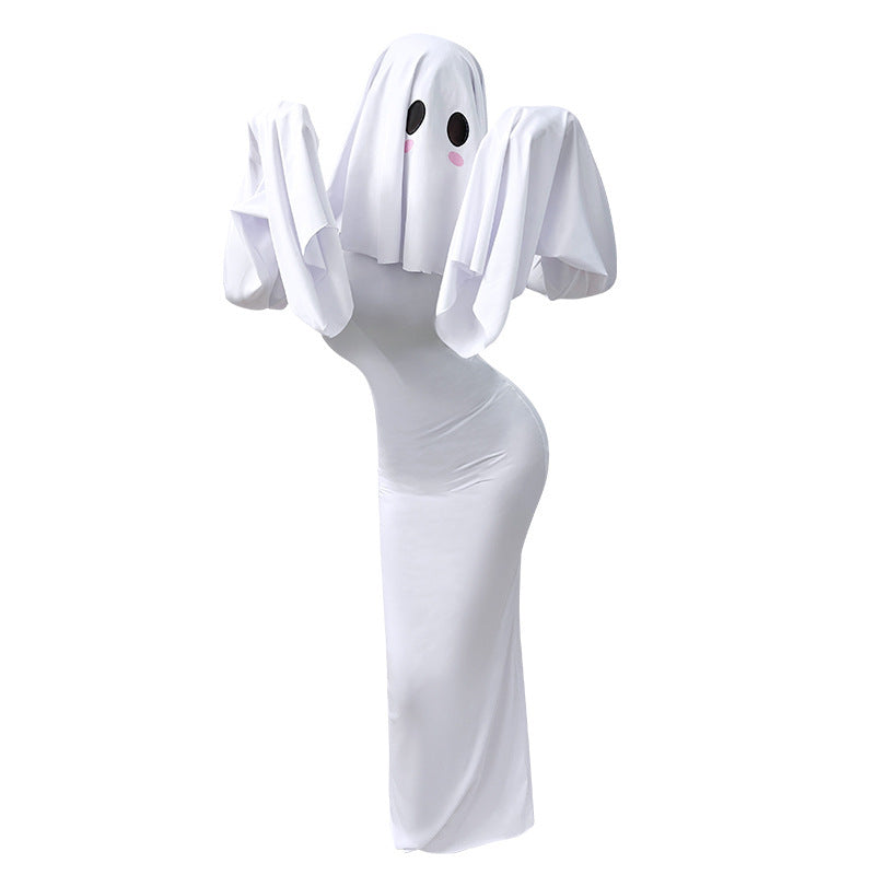 Ghost Mother Cosplay Costume – Elegant Backless Halloween Maxi Dress & Hooded Ghost Cape
