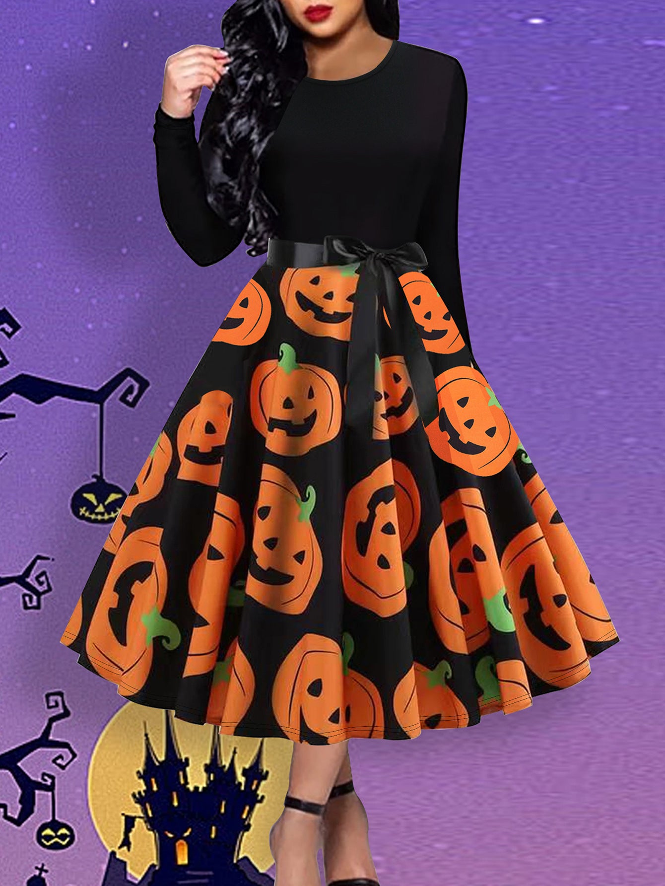 Deluxe Vintage Halloween Pumpkin A-Line Long-Sleeve Swing Dress