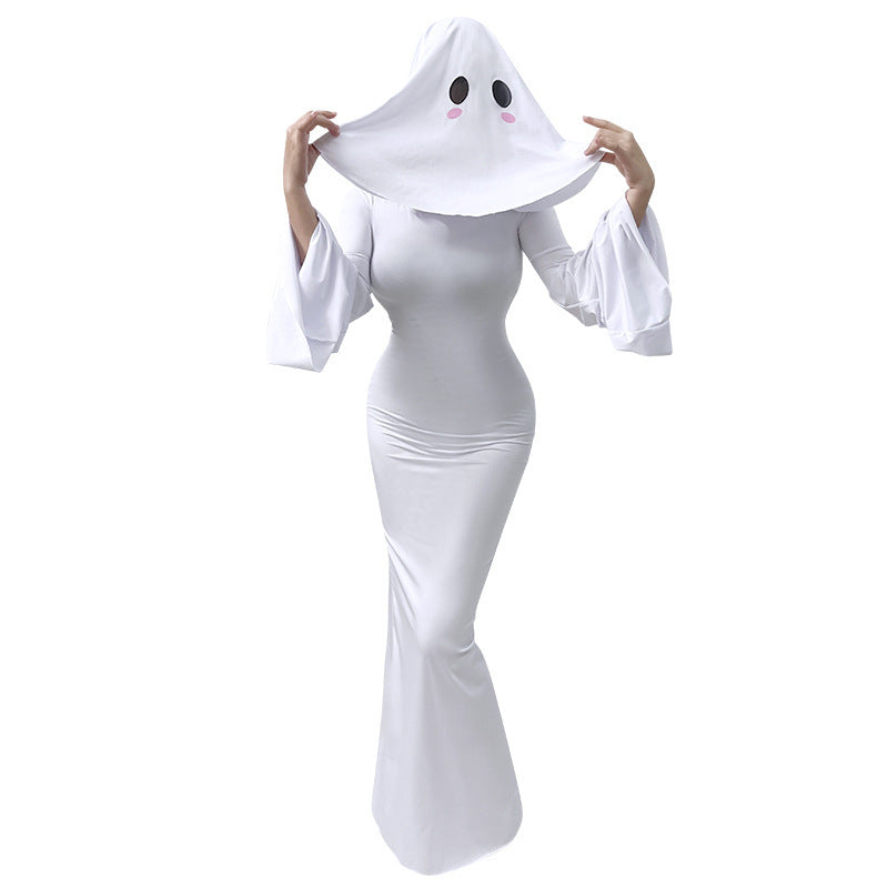 Ghost Mother Cosplay Costume – Elegant Backless Halloween Maxi Dress & Hooded Ghost Cape