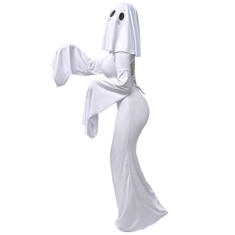 Ghost Mother Cosplay Costume – Elegant Backless Halloween Maxi Dress & Hooded Ghost Cape