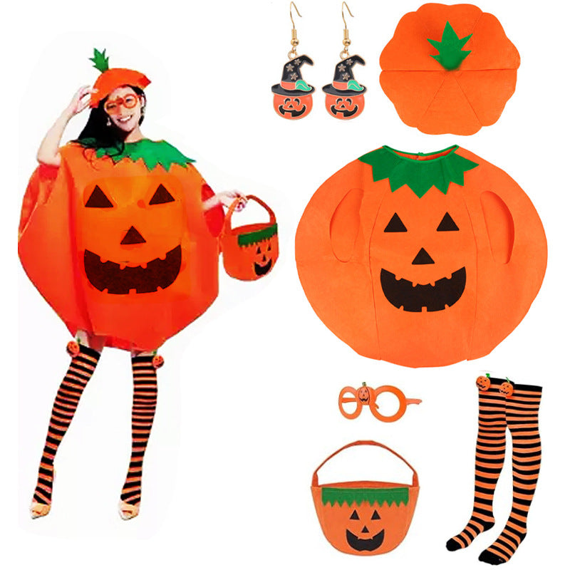 Deluxe Festive Pumpkin Poncho Costume & Trick-or-Treat Set for Kids & Adults