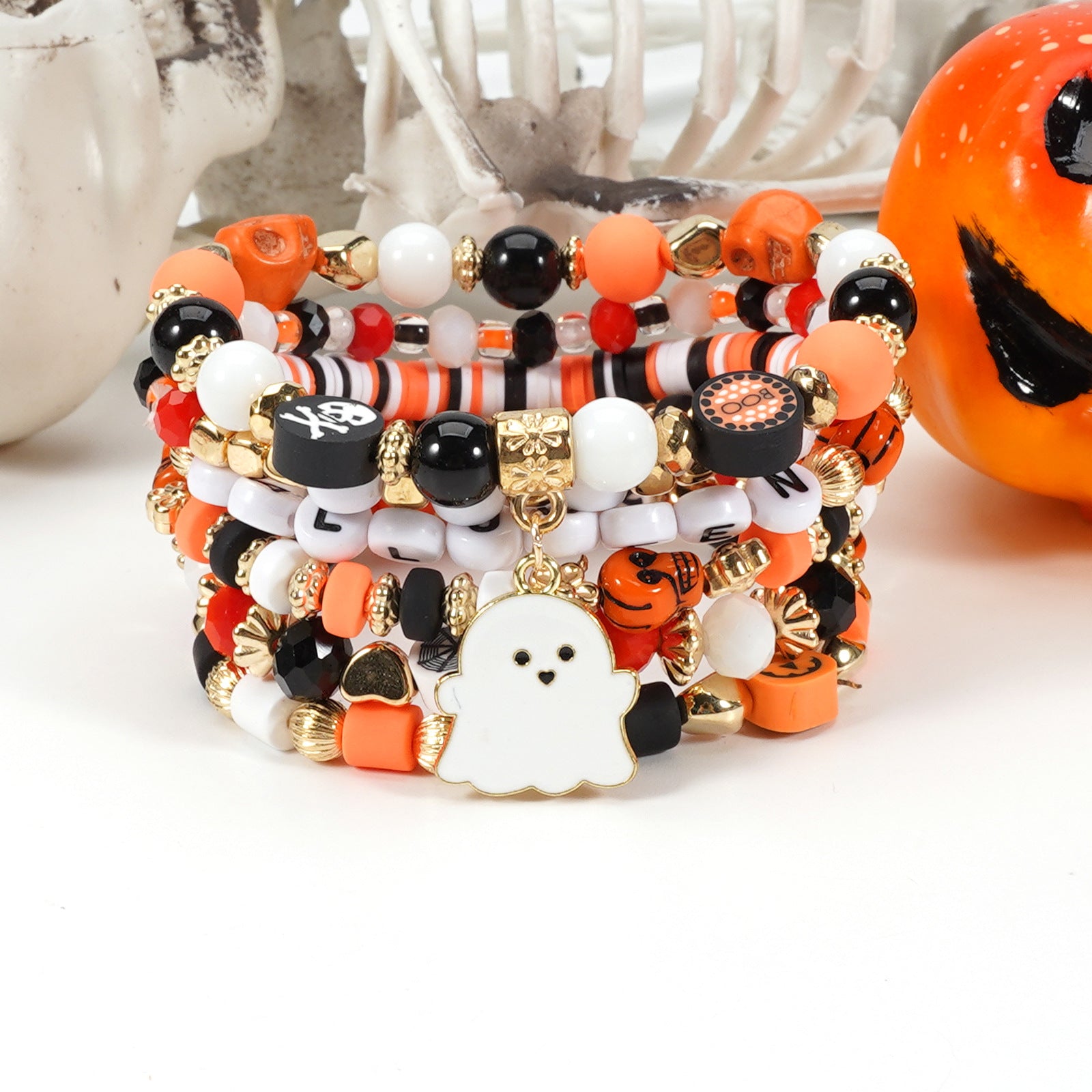 Halloween "BOO" Beaded Bracelet Stack (6-Piece Set)