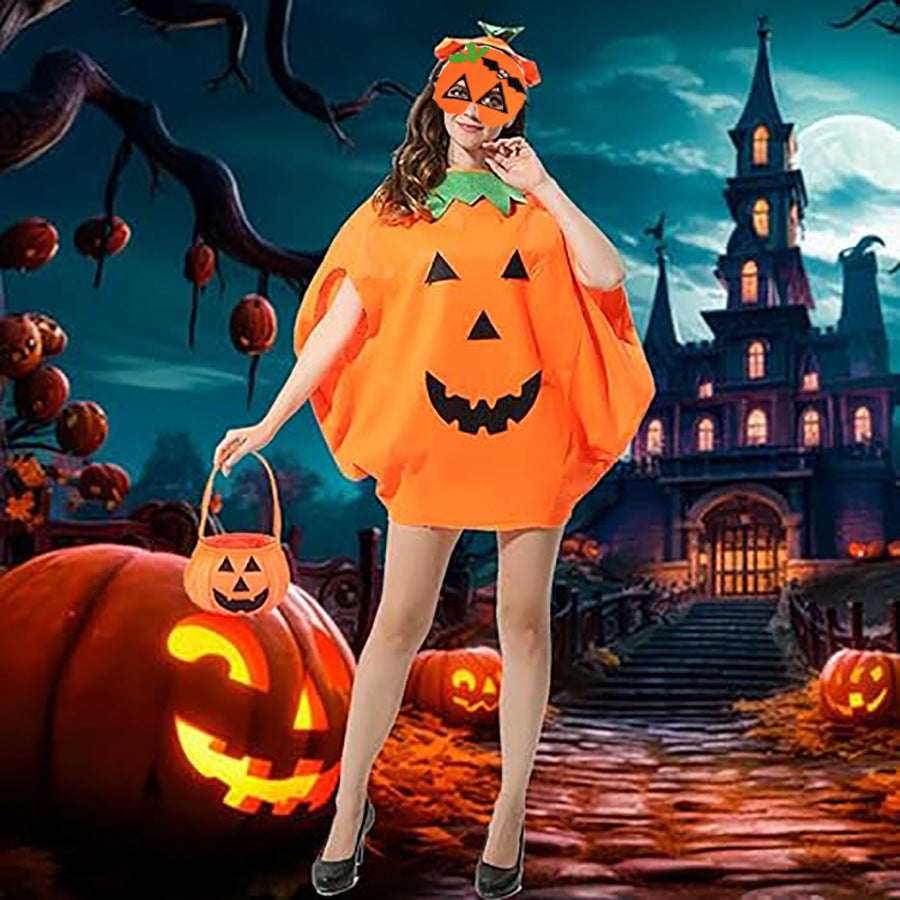 Deluxe Festive Pumpkin Poncho Costume & Trick-or-Treat Set for Kids & Adults