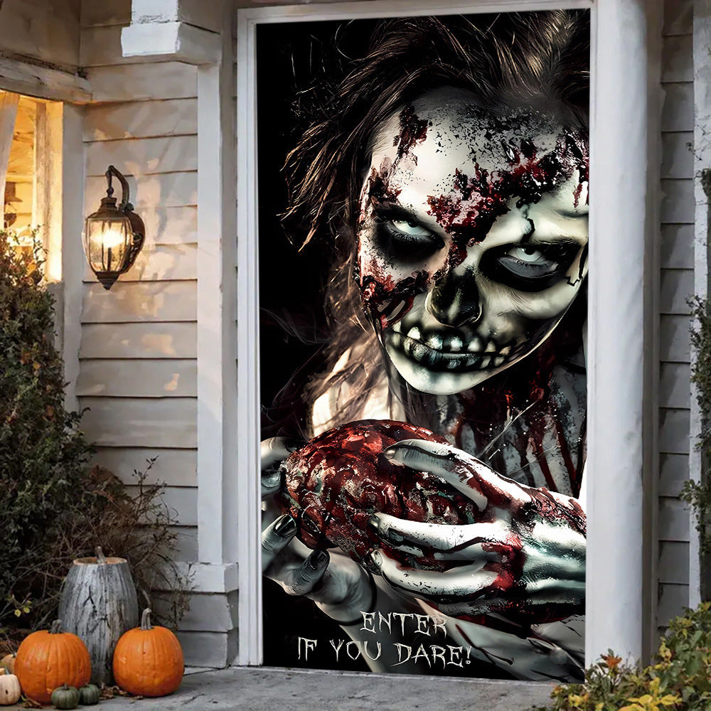 Deluxe Haunted Halloween Front Door Cover Tapestry (71" x 35")