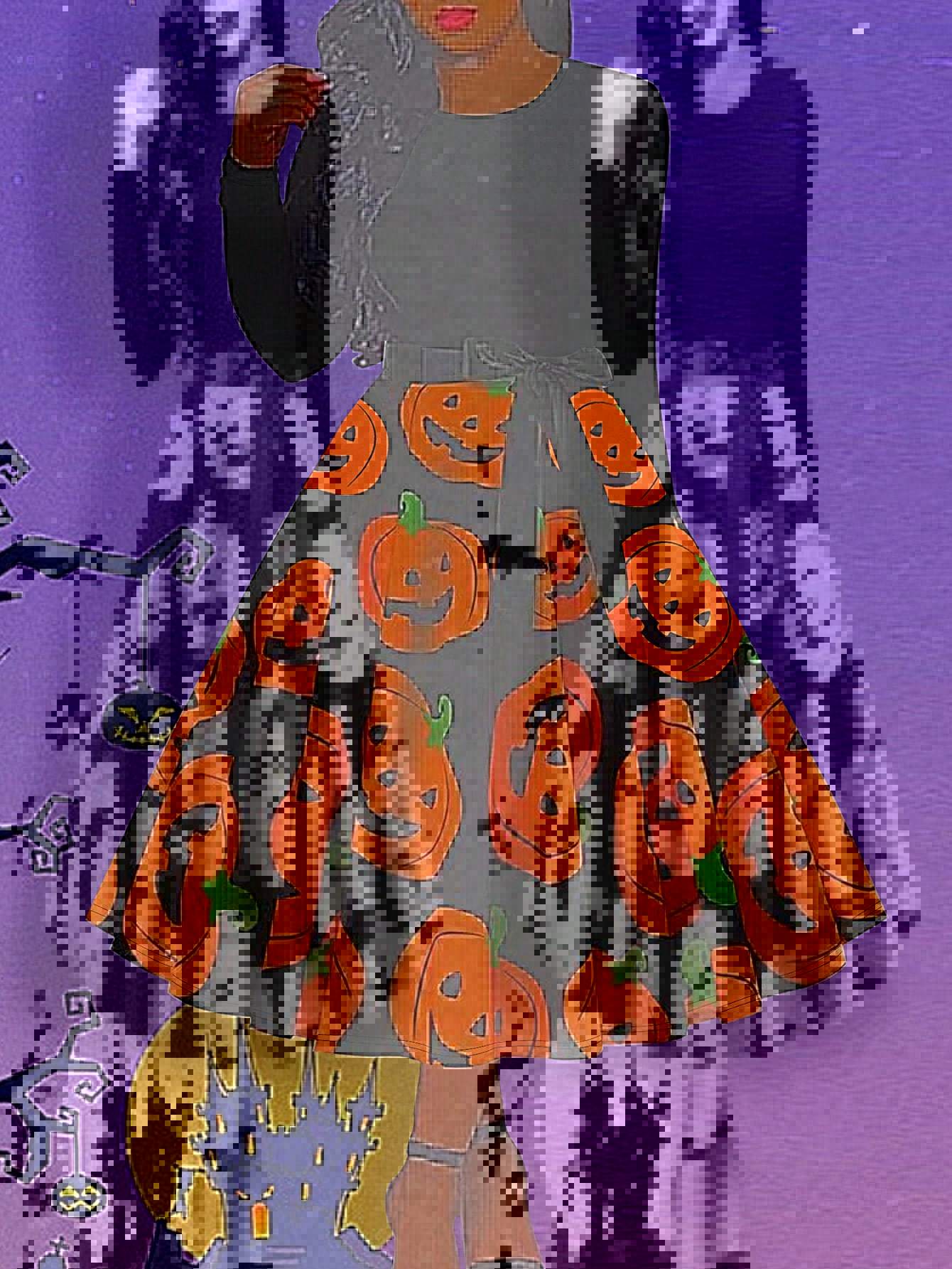 Deluxe Vintage Halloween Pumpkin A-Line Long-Sleeve Swing Dress