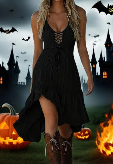 Deluxe Western Boho Lace-Up V-Neck Ruffle Suspender Midi Dress