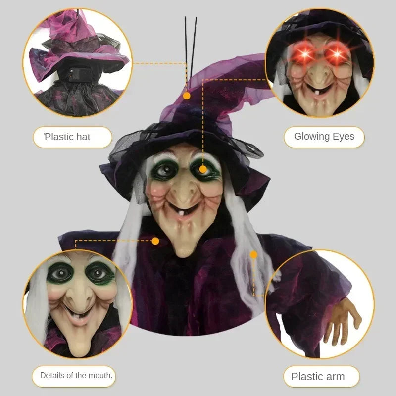 2026 Halloween Spooky Voice Control Lumious Talking Witch Outdoor Purple Animatronic Witch Decor Prop Red Eye Animated Witch