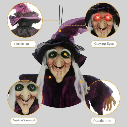 2026 Halloween Spooky Voice Control Lumious Talking Witch Outdoor Purple Animatronic Witch Decor Prop Red Eye Animated Witch