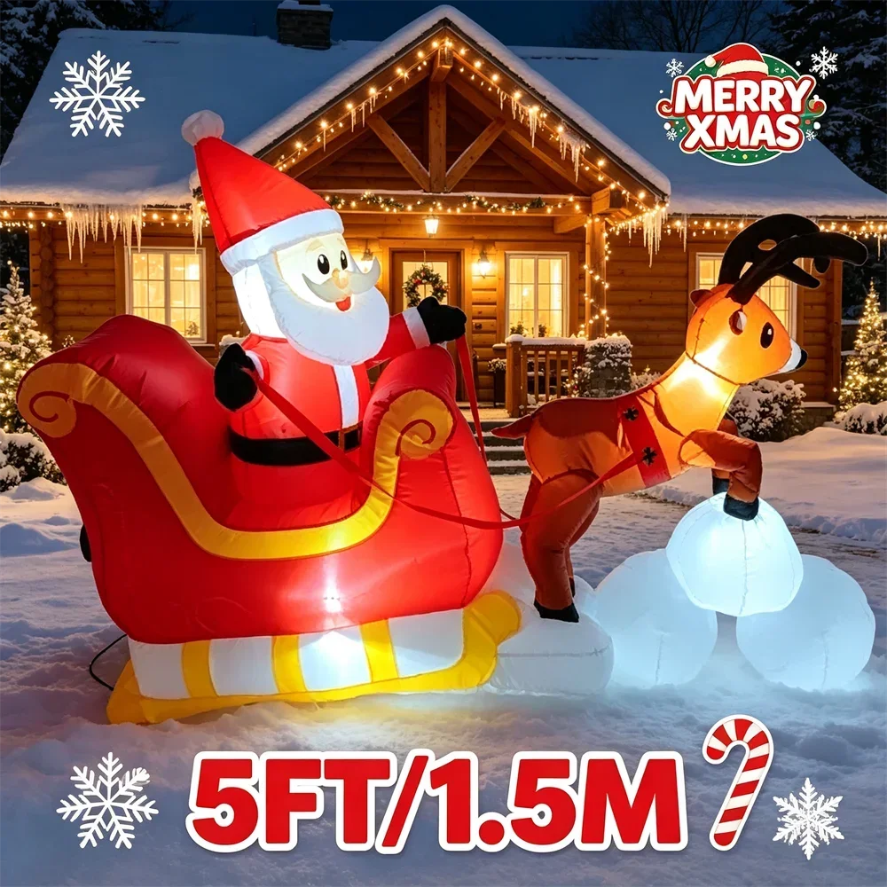 Christmas Blow Up Outdoor DIY Holiday Decorations 5 FT Inflatable Santa Claus Riding Sleigh with LEDs Xmas Party Yard Lawn Decor