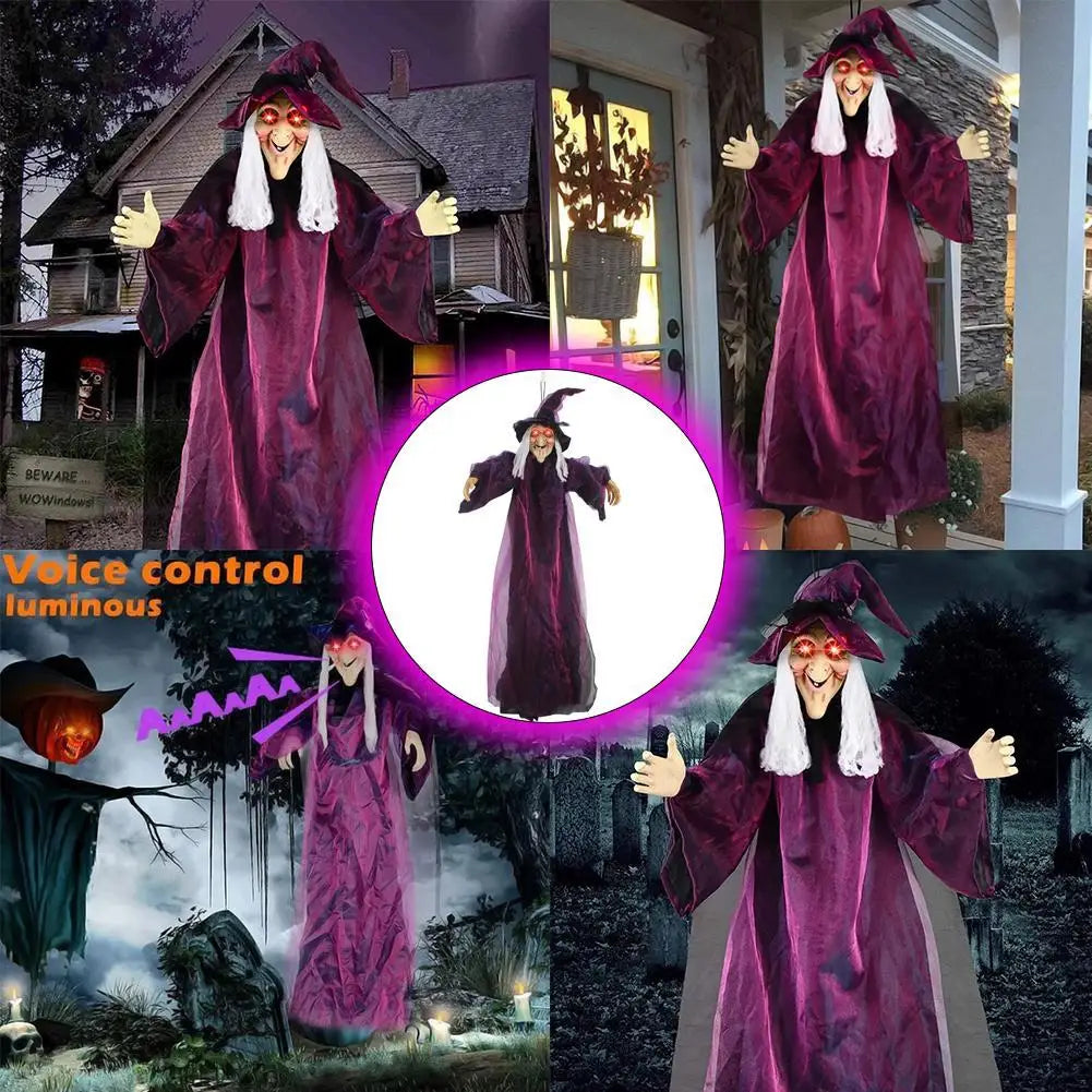 Halloween Life Size Talking Witch Outdoor Purple Spooky Animatronic Witch Decor Prop Halloween Decoration Red Eye Animated Witch