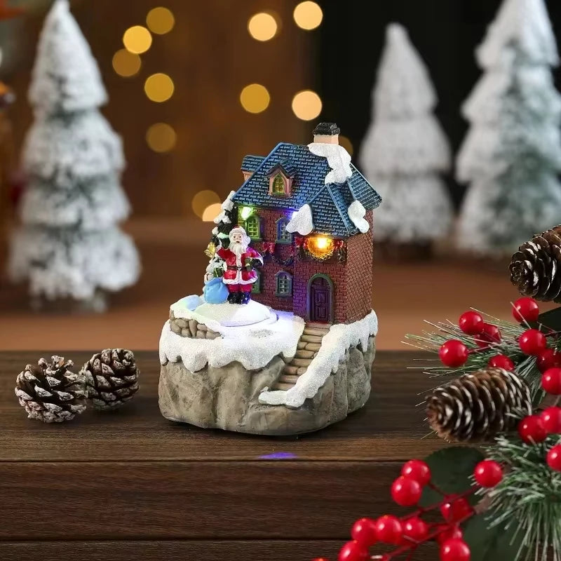 Christmas Lighted Music Box Resin Santa Ornament Gift Box Xmas Decorative Gift for Home Kitchen Cafe Window Holiday Party