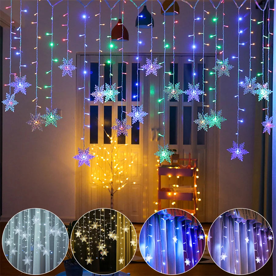 Christmas Light Led Snowflake Curtain Icicle Fairy String Lights Outdoor Garland Home Party Garden 2025 New Year Decoration