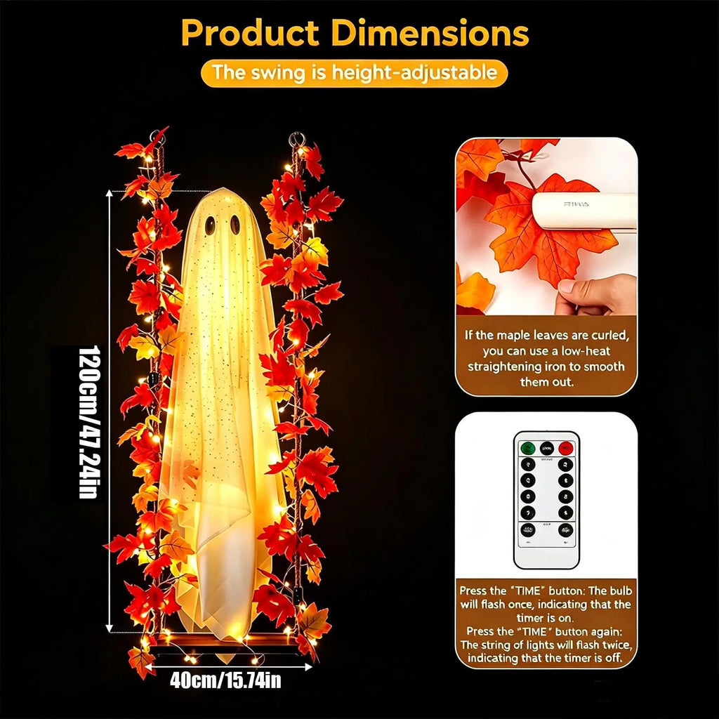 Swinging Ghost Outdoor Decor Light Up Large Hanging Ghost with String Lights for Porch Garden Patio Halloween Party Supplies