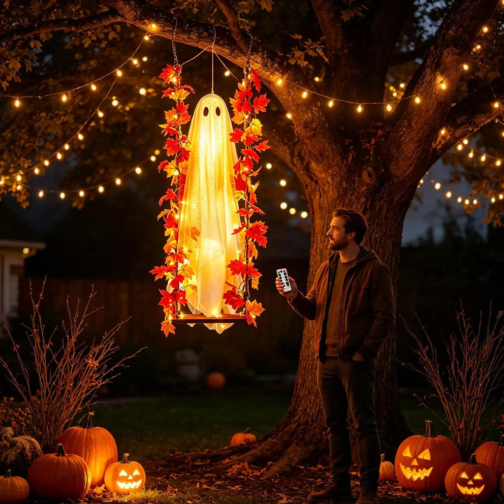 Swinging Ghost Outdoor Decor Light Up Large Hanging Ghost with String Lights for Porch Garden Patio Halloween Party Supplies