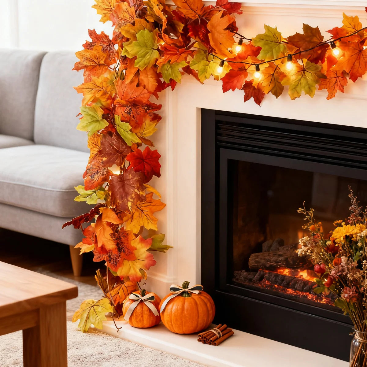  ﻿ Artificial Maple Leaf Vine Wreath Wall Hanging Autumn Garland Decoration Thanksgiving Halloween Christmas Fireplace Decor