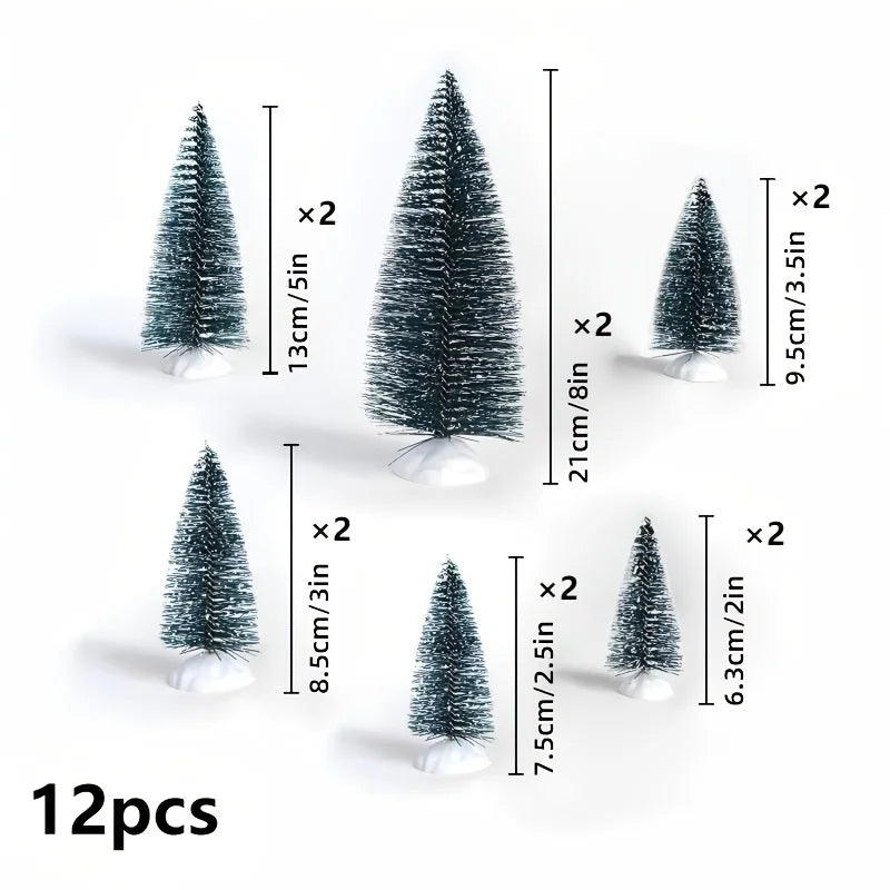 12pcs Mini Christmas Tree Decor with Snow Covered Pine DIY Ornaments Winter Snow Ornaments Trees for Xmas Party Home Party Bar