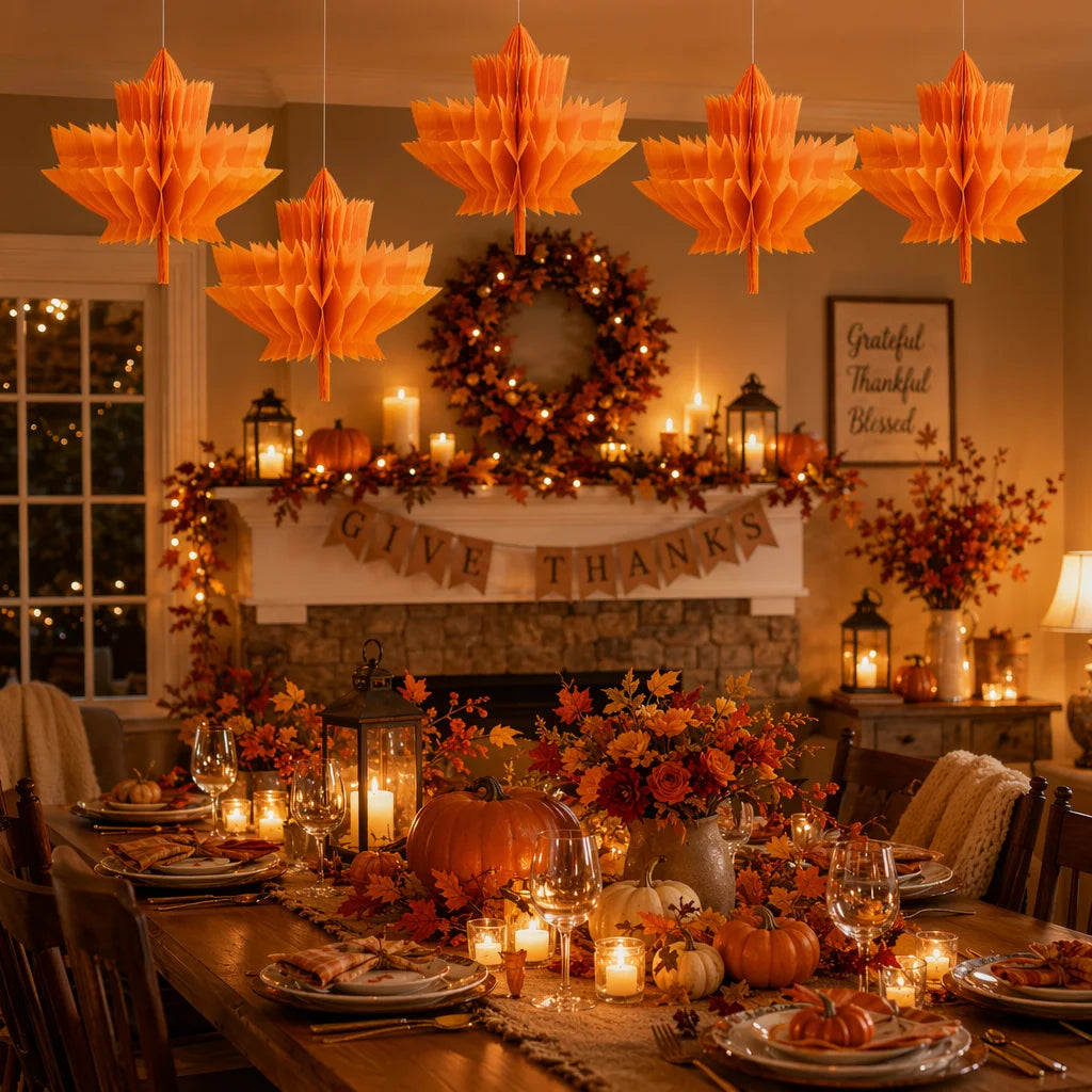 Fall Harvest Thanksgiving Maple Leaves Honeycomb Centerpieces Paper Hanging Decor,Autumn Tissue Ceiling Home Decor Festival