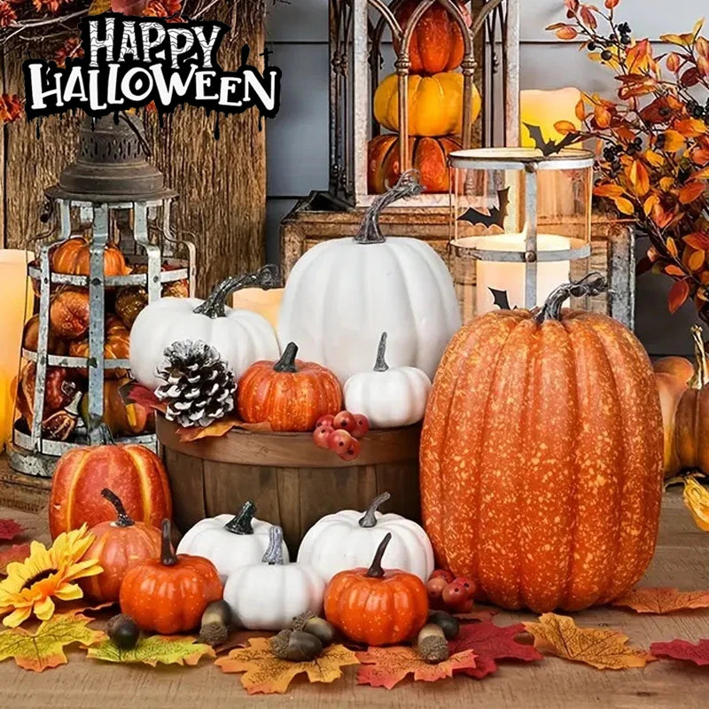 7Pcs White Yellow Artificial Pumpkins Fall Halloween Decor Set Faux Harvest Vegetable Style Home Table Centerpiece