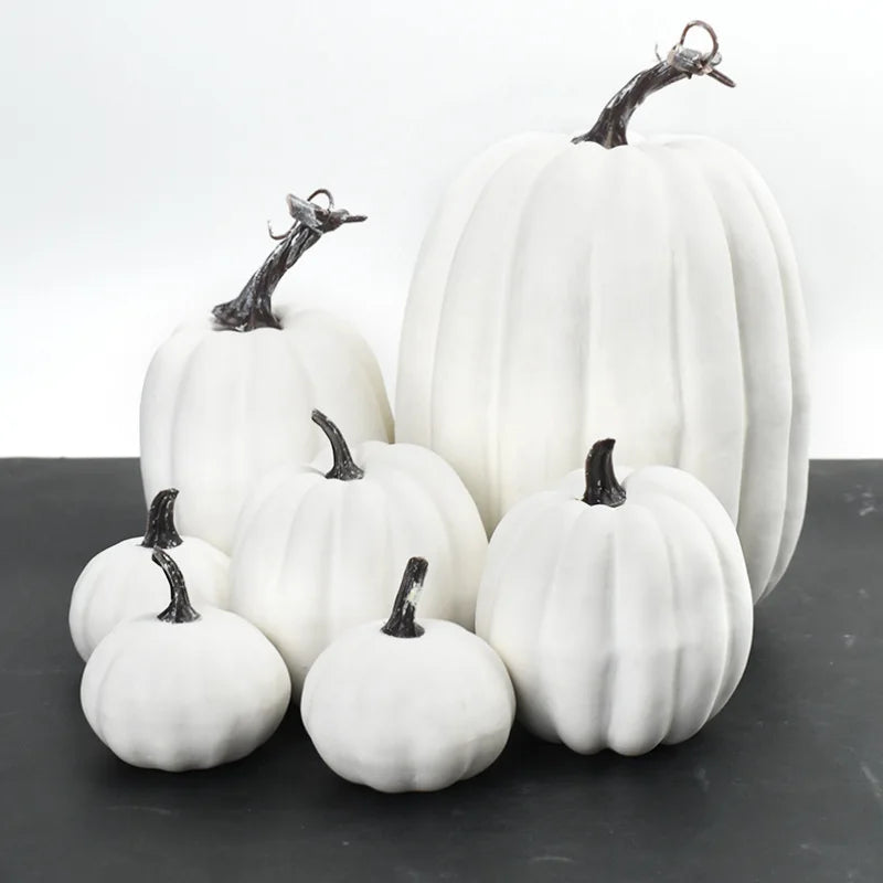 7Pcs White Yellow Artificial Pumpkins Fall Halloween Decor Set Faux Harvest Vegetable Style Home Table Centerpiece