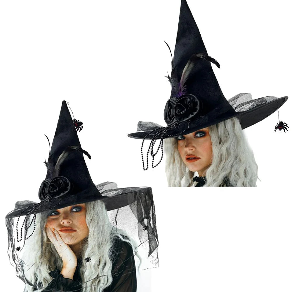 Black Spider Halloween Witch Hat With Black Veil Flower Feather Comfort Pleated Wizard Hat Knit Witch Costume Accessories