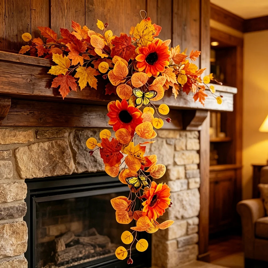 Autumn Thanksgiving Christmas Vine Wreaths Orange Sunflower Maple Leaf Decorative Door Wreath for Seasonal Home Garden Decoratio