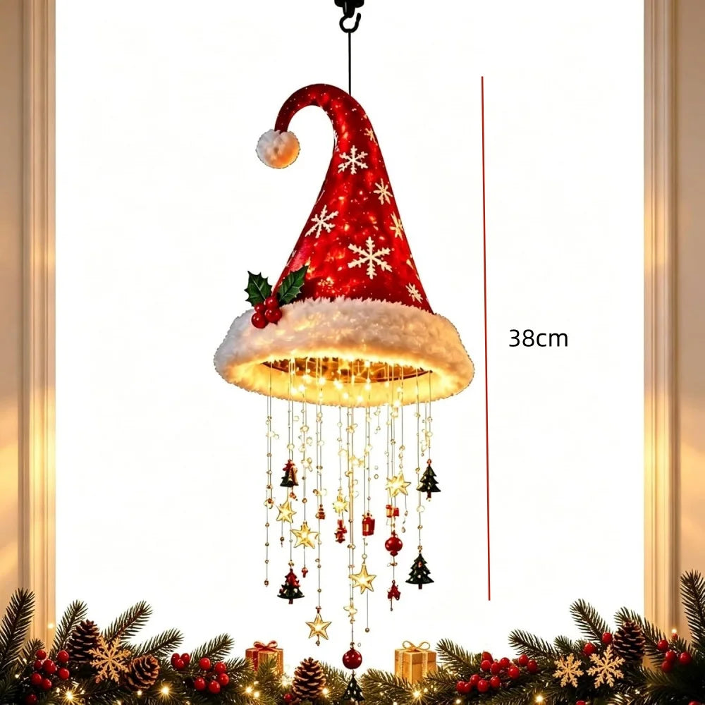 Christmas Lighted Santa Hat with Snowflakes Christmas Tree Pendant Hanging Lantern Xmas Decoration for Home New Year Party Gifts