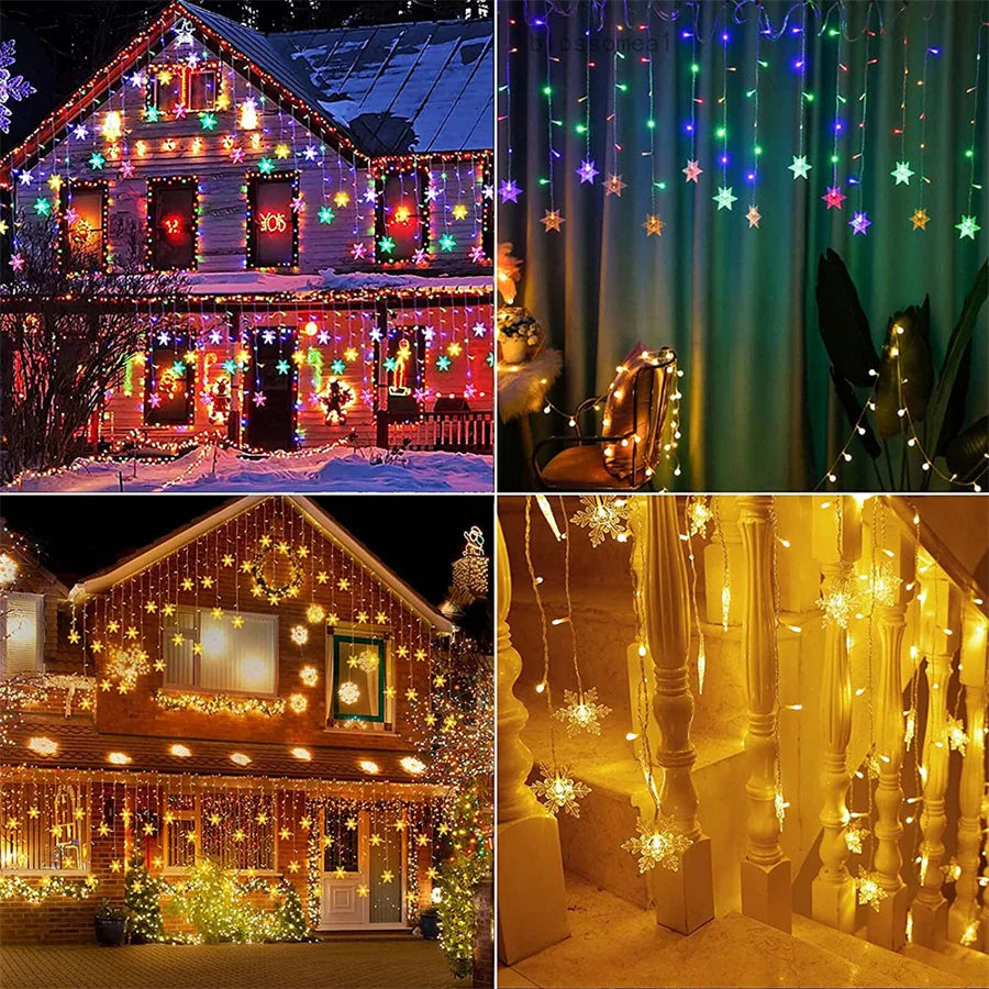 Christmas Light Led Snowflake Curtain Icicle Fairy String Lights Outdoor Garland Home Party Garden 2025 New Year Decoration