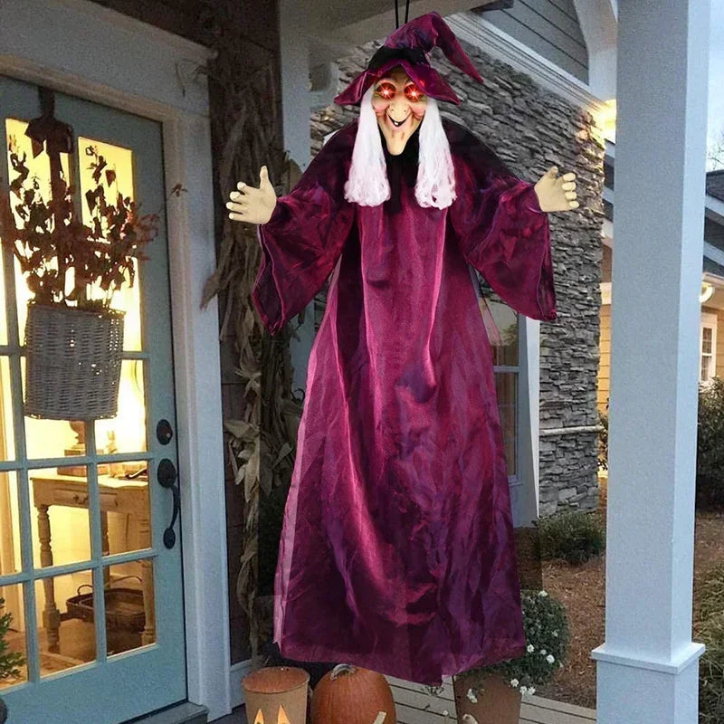 2026 Halloween Spooky Voice Control Lumious Talking Witch Outdoor Purple Animatronic Witch Decor Prop Red Eye Animated Witch