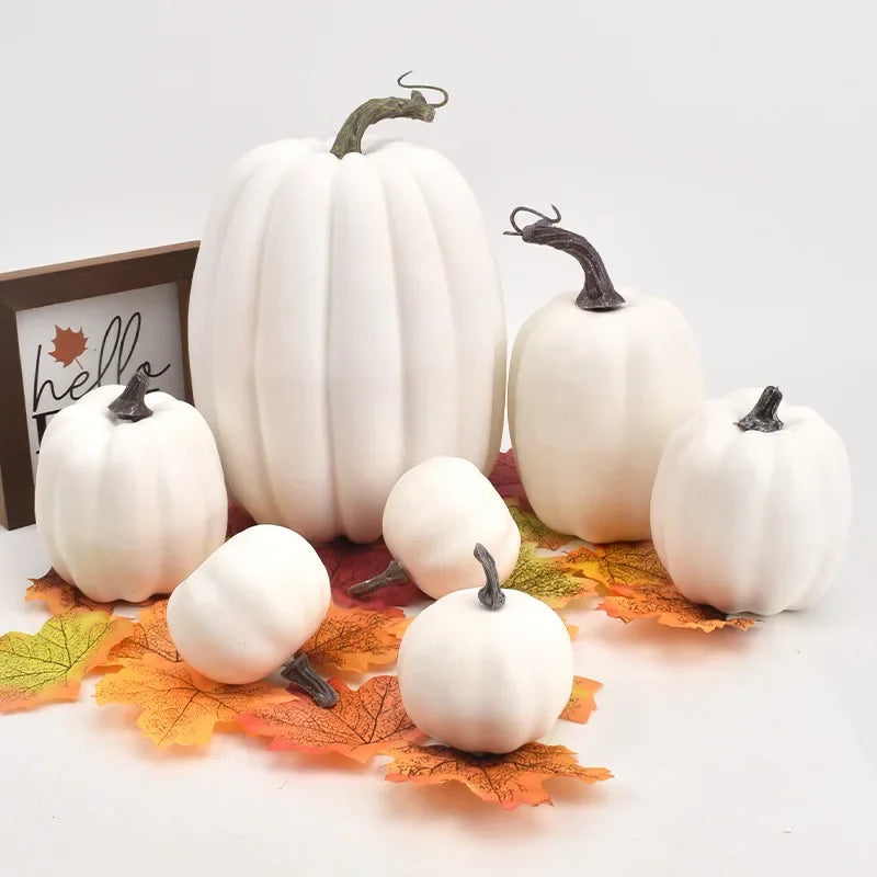 7Pcs White Yellow Artificial Pumpkins Fall Halloween Decor Set Faux Harvest Vegetable Style Home Table Centerpiece