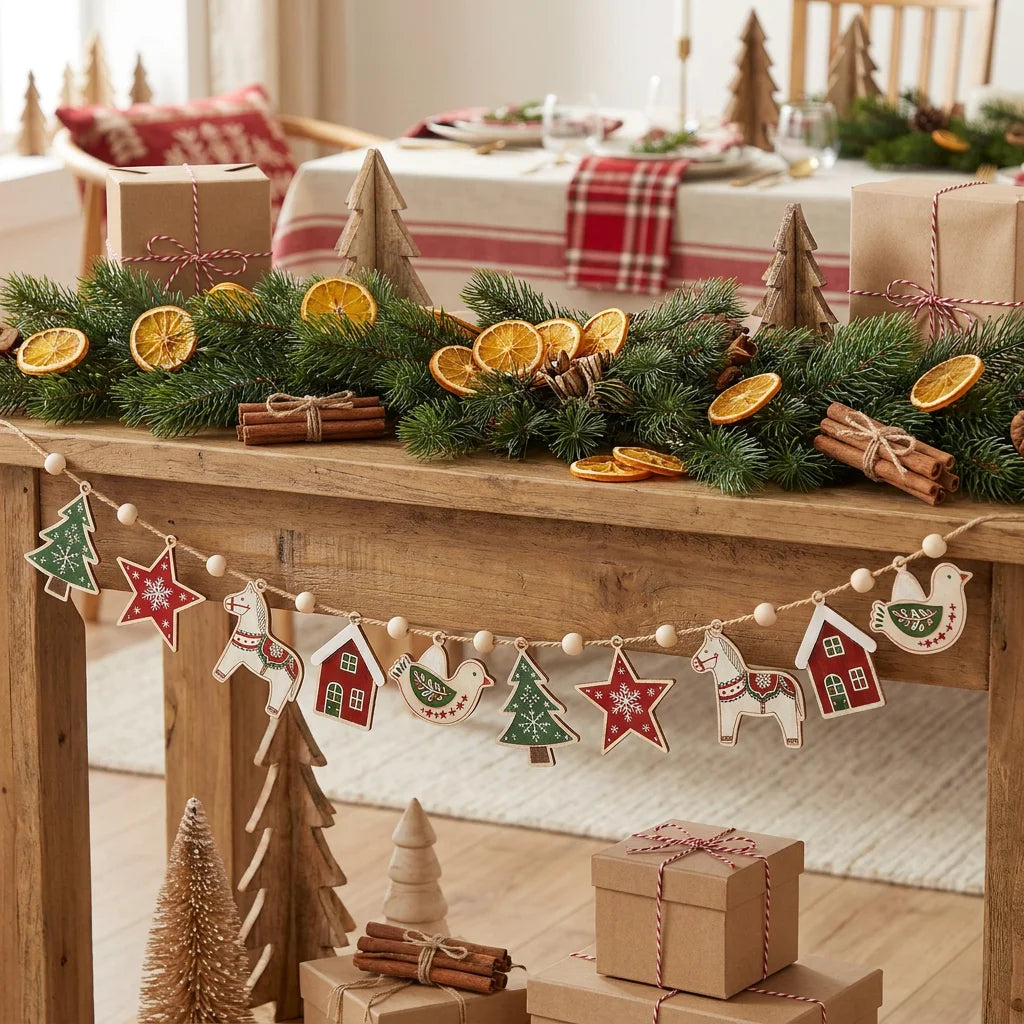 Scandinavian Christmas Wooden Garland, Wood Beads Hemp Rope, Tree Star Dala Horse for Fireplace Mantel Wall Xmas Home Decor