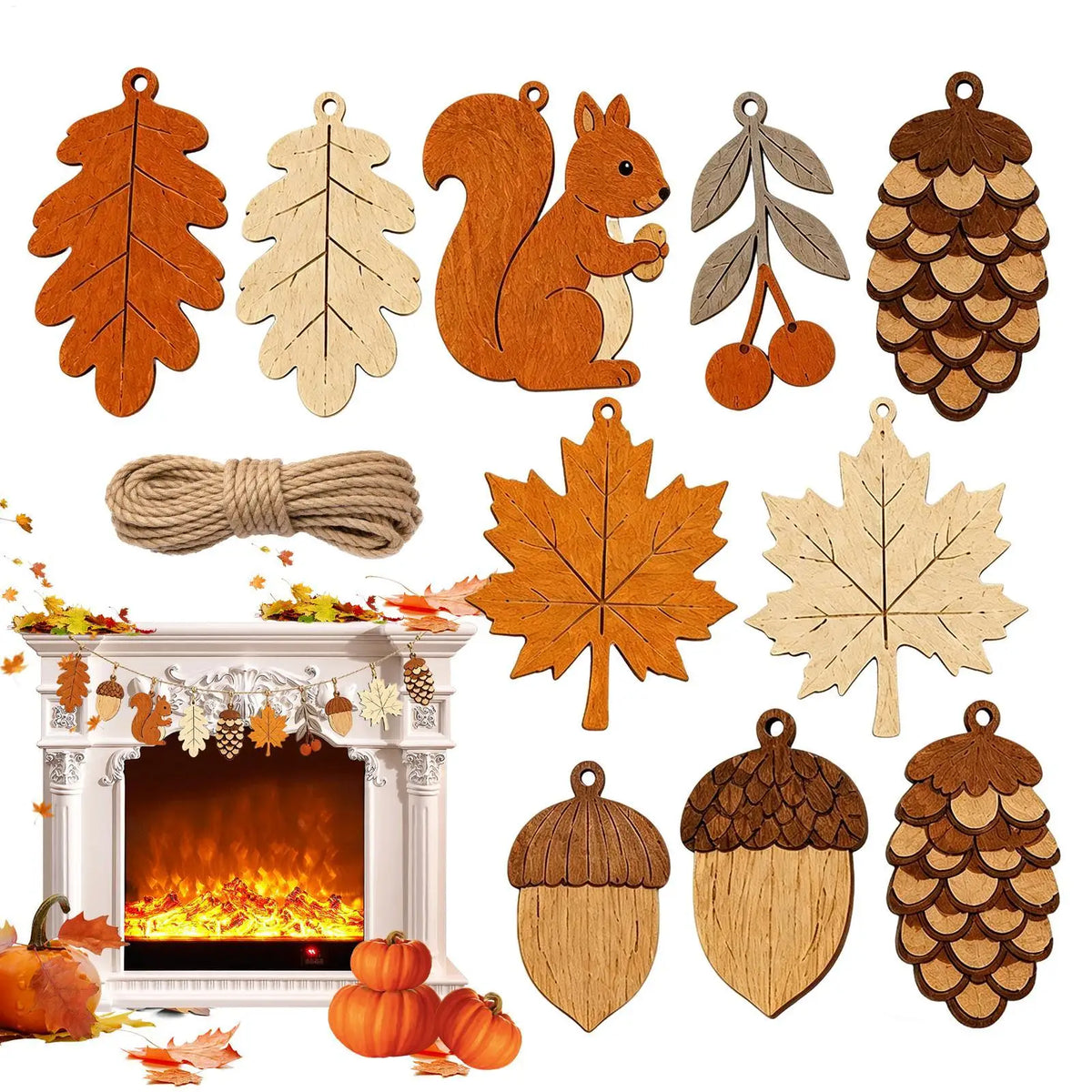 Fall Thanksgiving Wooden Garland Decor Squirrel Acorn Leaves Wood Pendant Farmhouse Wall Hanging Ornament for Fireplace Mantel
