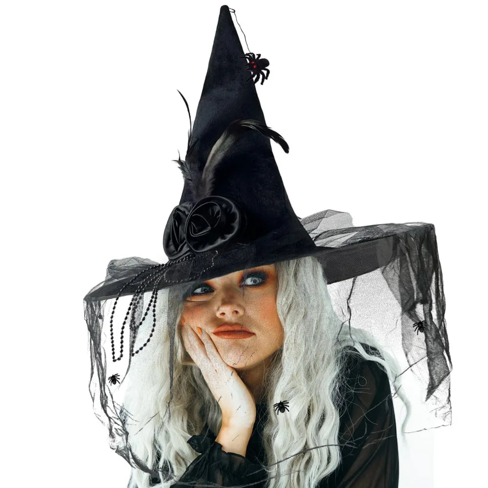 Black Spider Halloween Witch Hat With Black Veil Flower Feather Comfort Pleated Wizard Hat Knit Witch Costume Accessories