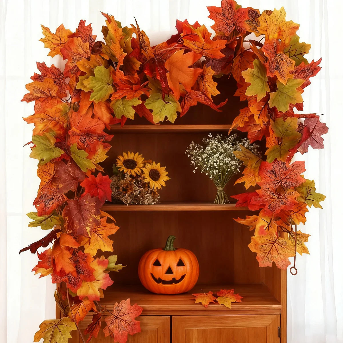  ﻿ Artificial Maple Leaf Vine Wreath Wall Hanging Autumn Garland Decoration Thanksgiving Halloween Christmas Fireplace Decor