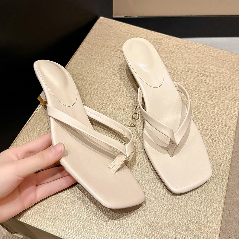 Deluxe Women's Minimalist Thong Strap Low Kitten Heel Mule Sandals