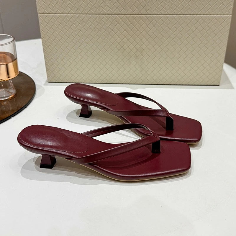 Deluxe Women's Minimalist Thong Strap Low Kitten Heel Mule Sandals