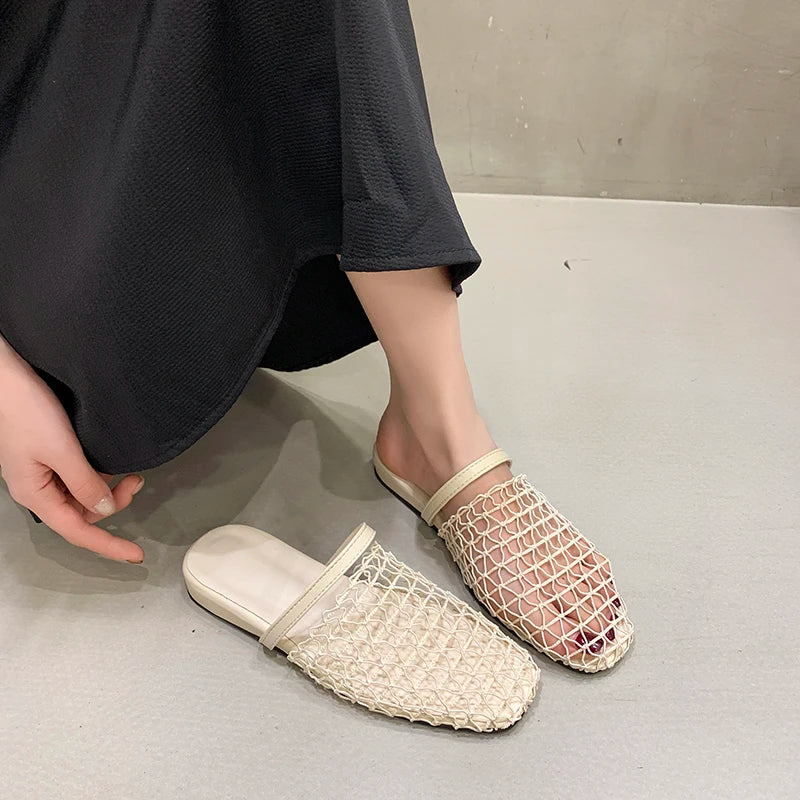 Deluxe Women's Retro Woven Mesh Flat Slip-On Mule Slides