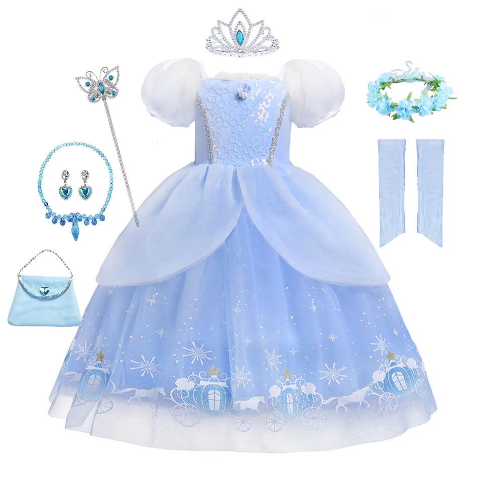 Girls Halloween Cinderella Princess Cosplay Dress for Girl Kids Ball Gown Sequin Carnival TUTU Puff Mesh Clothing for Birthday G