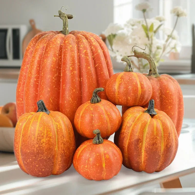 7Pcs White Yellow Artificial Pumpkins Fall Halloween Decor Set Faux Harvest Vegetable Style Home Table Centerpiece