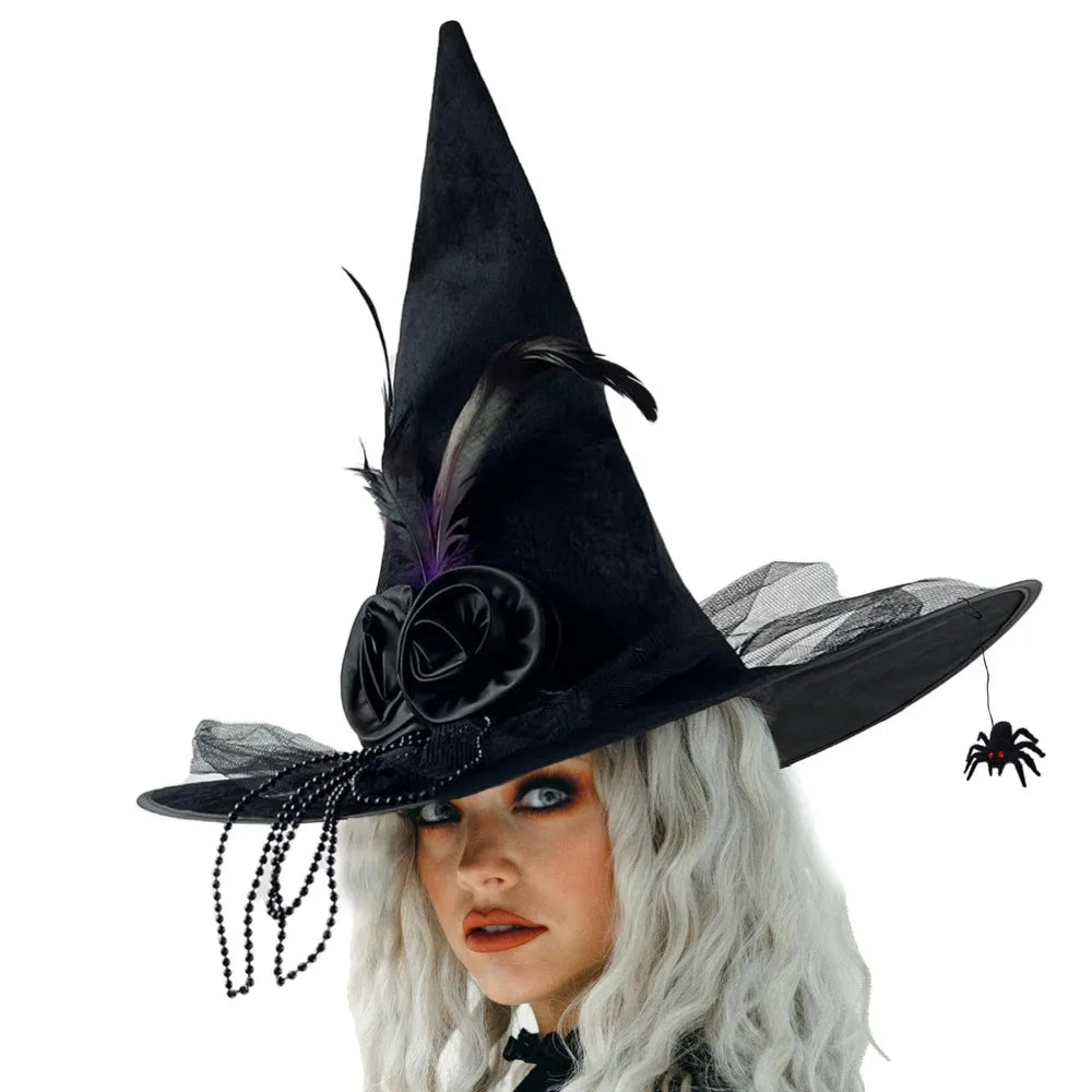 Black Spider Halloween Witch Hat With Black Veil Flower Feather Comfort Pleated Wizard Hat Knit Witch Costume Accessories