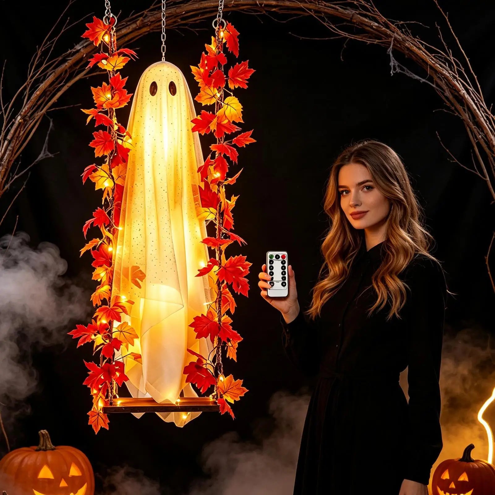 Swinging Ghost Outdoor Decor Light Up Large Hanging Ghost with String Lights for Porch Garden Patio Halloween Party Supplies