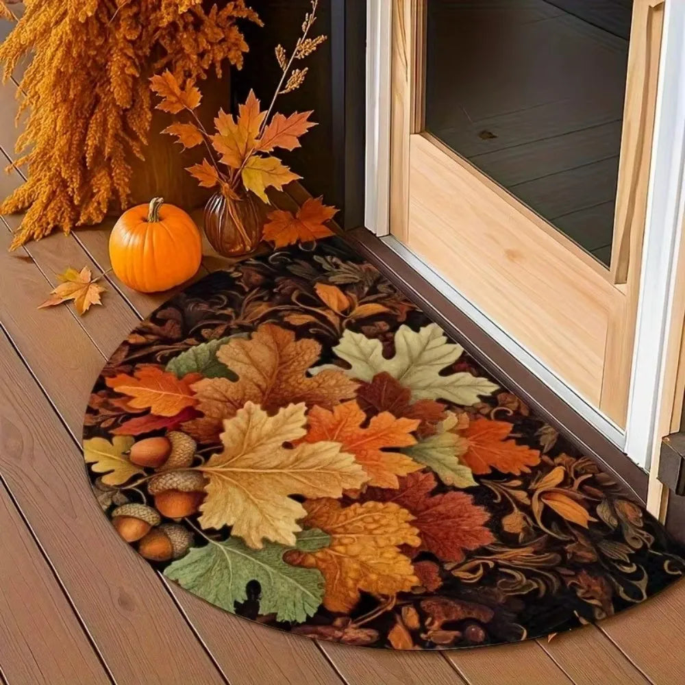 Autumn Maple Leaf Half-Circle Floor Mat Thanksgiving Entrance Garden Kitchen Carpet Thanksgiving Home Decor