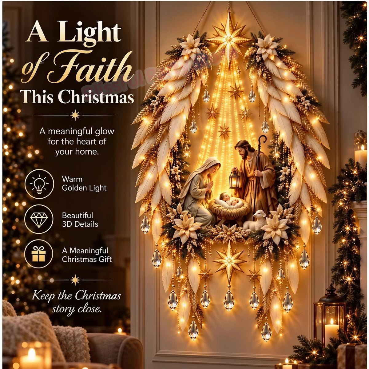 Christmas,Bethlehem Star of Faith,Lighted Nativity Wall Decor,Glowing Christmas Hanging Ornament,LED Light for Indoor Home Decor