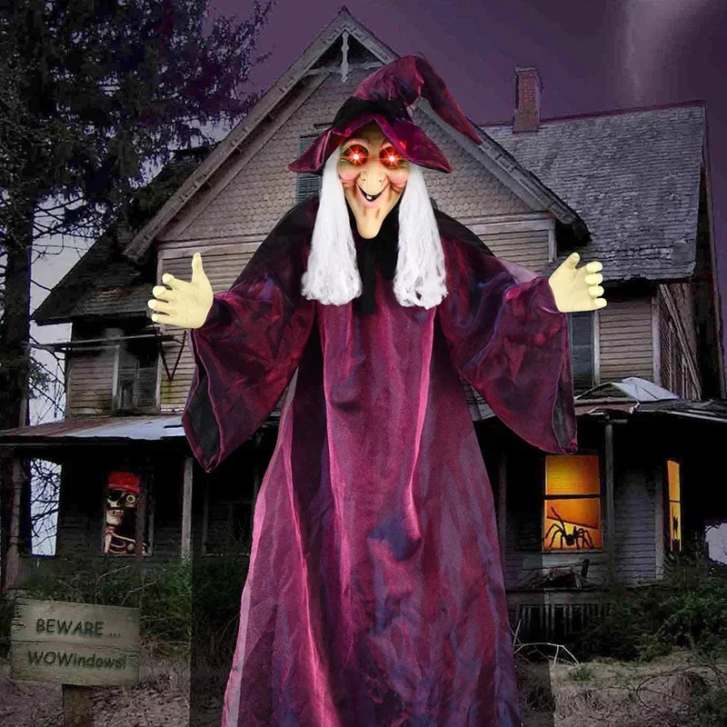 2026 Halloween Spooky Voice Control Lumious Talking Witch Outdoor Purple Animatronic Witch Decor Prop Red Eye Animated Witch