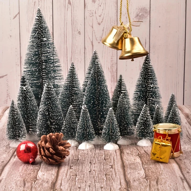 12pcs Mini Christmas Tree Decor with Snow Covered Pine DIY Ornaments Winter Snow Ornaments Trees for Xmas Party Home Party Bar
